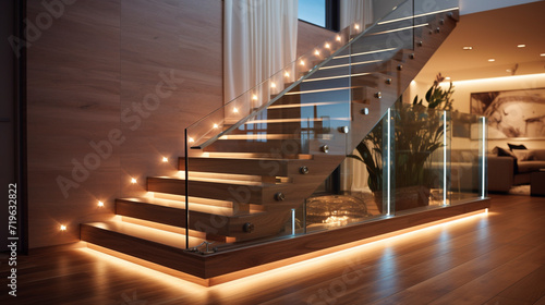 A modern wooden staircase with glass railings  discreet LED strip lighting under the handrails adding a chic touch in a contemporary environment.
