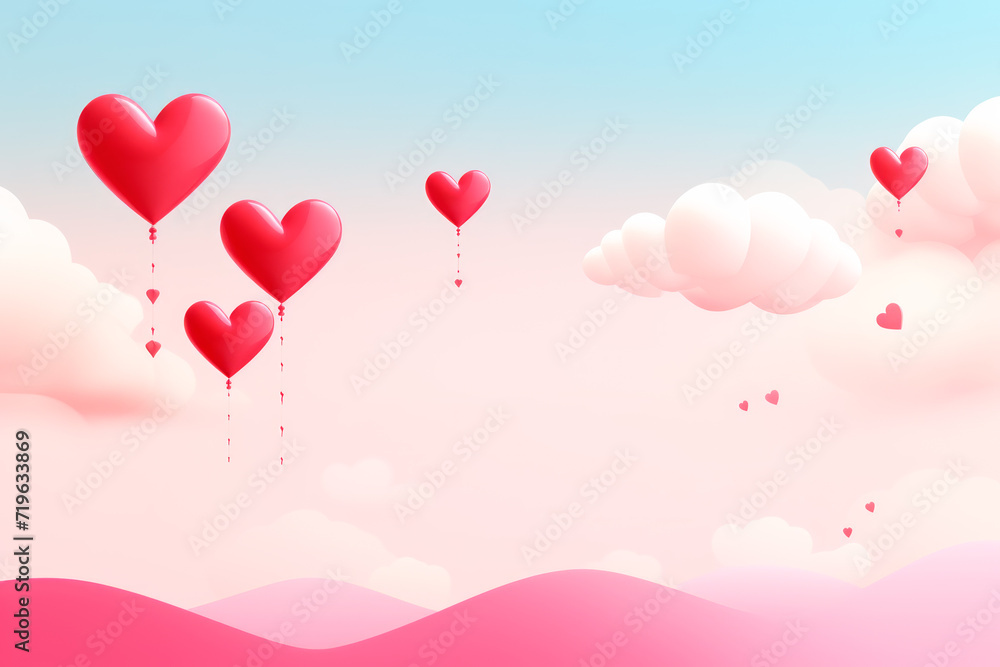 Poster or banner with clouds, hearts and balloons on pastel pink 3D background for st. Valentine day