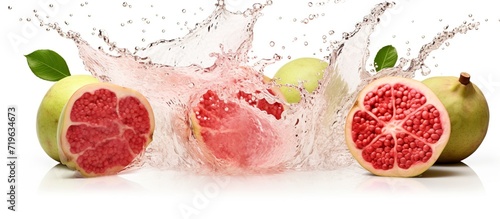 Fresh sliced guava and leaves  jambu biji merah  or Psidium guajava  isolated on white.