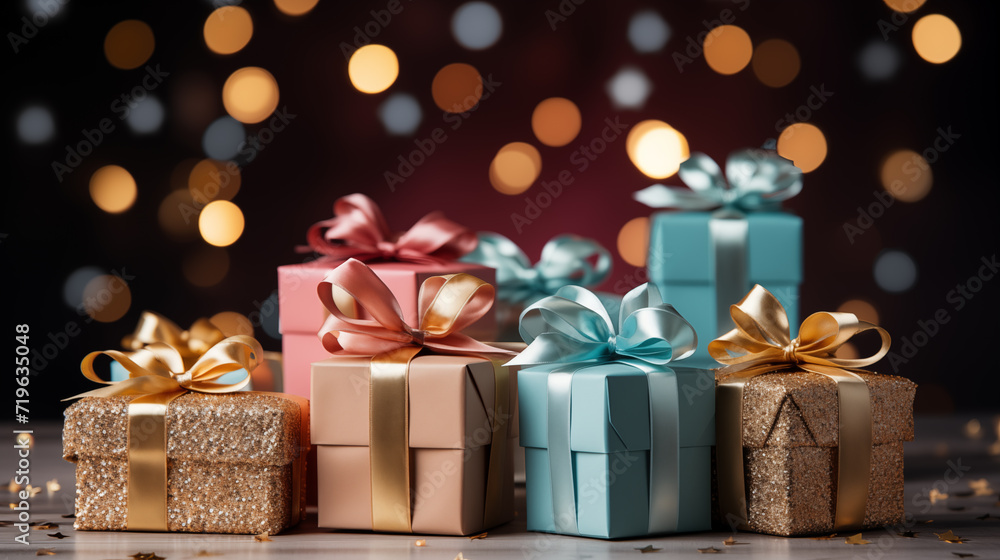 Colored gift boxes with gold ribbon, concept of Christmas holidays or a New Year Colored gift boxes with gold ribbon, concept of Christmas holidays or a New Year