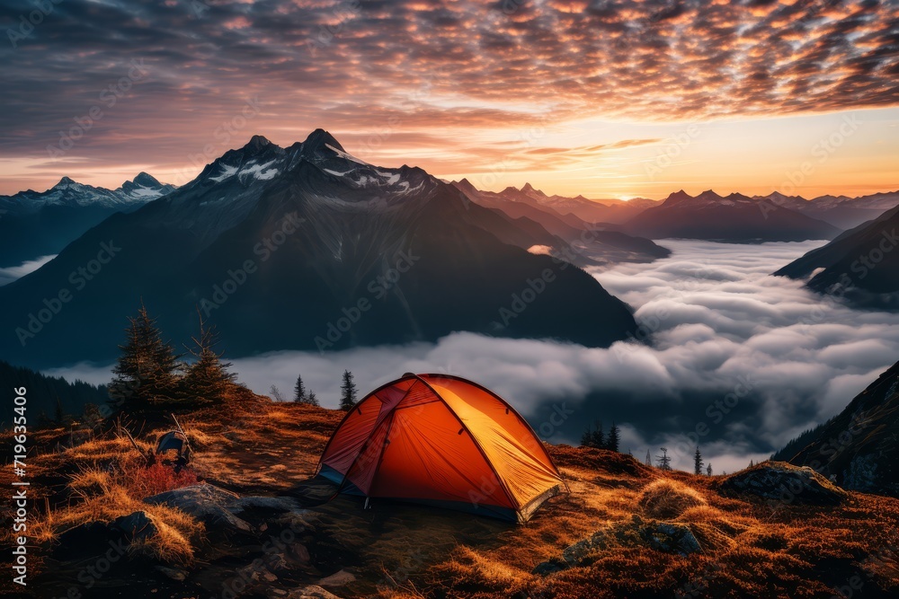 sunrise around a tent in the mountains with mountain