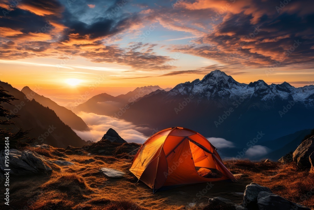 sunset tent sleeping in the mountains camping