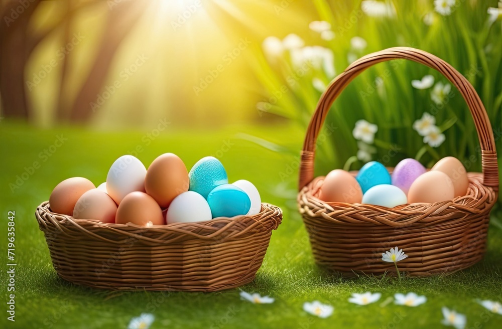 Easter concept. Egg hunt. A wicker basket with colorful Easter eggs on the green grass in the park, setting sun. Close-up.