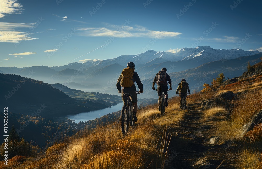 A band of adventurers pedal through the rugged wilderness, their trusty bikes carrying them across grassy ridges and along majestic mountain ranges as they embark on an epic outdoor journey filled wi