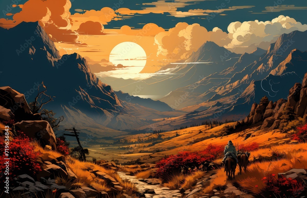 As the vibrant sky transforms into a fiery sunset, a lone rider gracefully navigates through the vast landscape, creating a stunning painting of nature's beauty on his journey through the mountainous