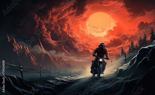 Amidst a fiery sky and looming clouds  a lone rider braves the rugged terrain  enveloped by the raw beauty of nature s untamed mountains