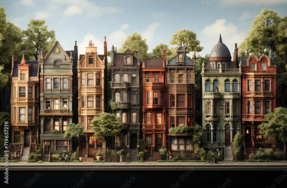 Obraz premium Amidst the sprawling city, a vibrant row of multicolored buildings stands tall, framed by a clear blue sky and adorned with windows, plants, and towering trees, evoking a sense of grandeur and elegan