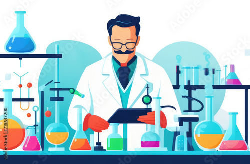 scientific research, caucasian male chemist in white lab coat conducting experiments in laboratory