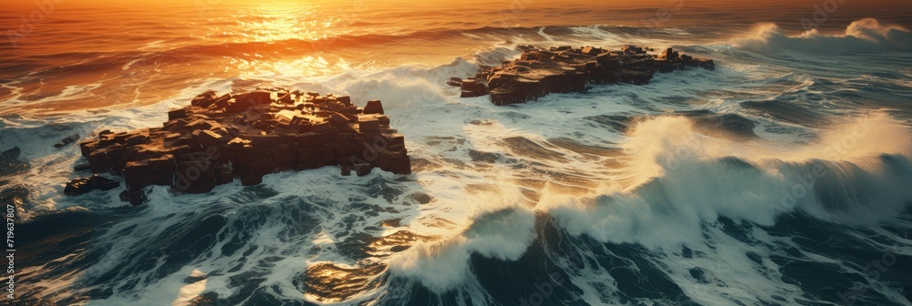 Nature's symphony of crashing waves against rugged rocks, illuminated by the warm glow of a sunrise or sunset, evoking a sense of peacefulness and awe in the untamed beauty of the ocean