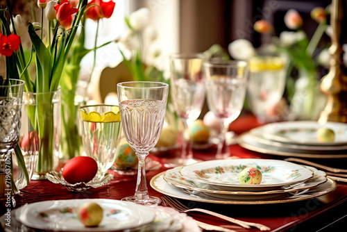 Pastel dinner table setup with spring flowers. Pink colors. Festive dinner.