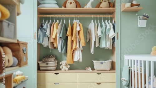 knitted clothes in a wardrobe for children in cozy light mint colors in a bright children's room