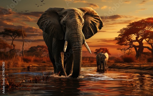 Two majestic indian elephants, their tusks glistening in the sunset, stand tall as they gracefully walk through the shimmering waters, surrounded by the lush trees and endless sky © LifeMedia