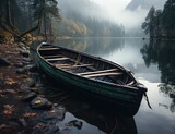 As the fog lifts, a lone boat glides through the serene waters, surrounded by towering mountains and lush trees, a perfect outdoor escape for those seeking adventure and connection with nature