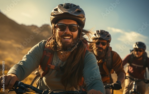 A team of cyclists, donning helmets and goggles, pedal through the picturesque outdoors with determination and adrenaline, their bikes gliding smoothly over the rugged terrain as the sun sets behind 