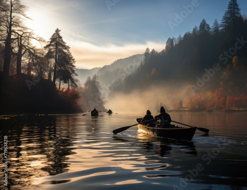 A serene morning on the lake as people paddle their canoe through the fog, surrounded by the majestic landscape of mountains and trees under a colorful sunrise sky photo