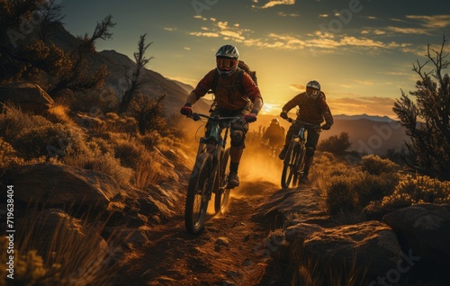 A group of cyclists traverse through the rugged terrain, their wheels kicking up dust as they chase the sunset on their trusty mountain bikes