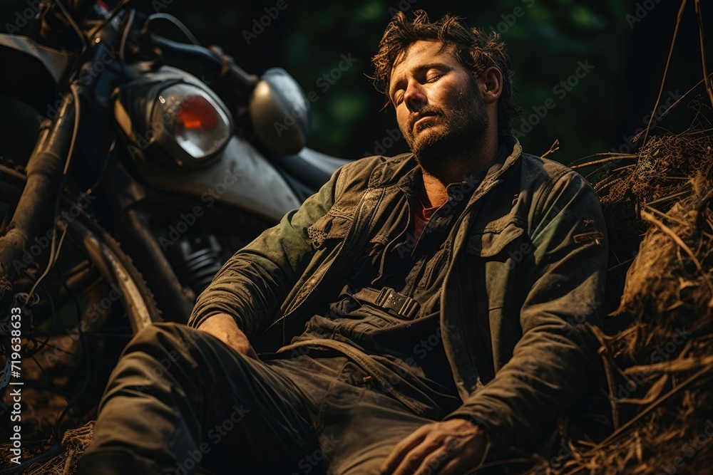 A lone figure, dressed in worn clothing, peacefully slumbers on his motorcycle under the open sky, his face a mask of serenity amidst the chaos of the outside world