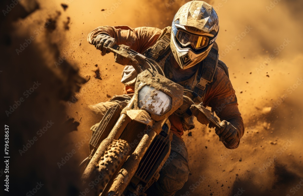 Embracing the thrill of speed and danger, a fearless stunt performer dons their helmet and revs their motorcycle, ready to conquer the rugged terrain of motocross racing