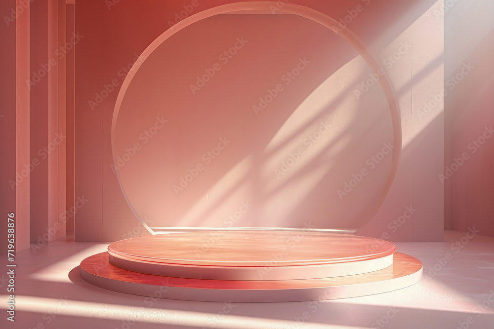 Podium with round panel in background light from window, stand to show cosmetic products. Abstract pink peach color stage with platform in studio. Concept of display, scene and mockup Podium with round panel in background light from window, stand to show cosmetic products. Abstract pink peach color stage with platform in studio. Concept of display, scene and mockup
