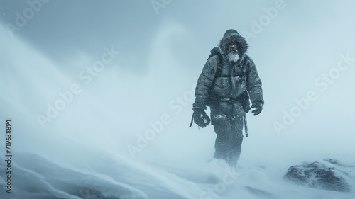 Man climber walks during storm in mountain in winter, frozen hiker on snow background, person in blizzard. Concept of cold, sport, climbing, people and frost