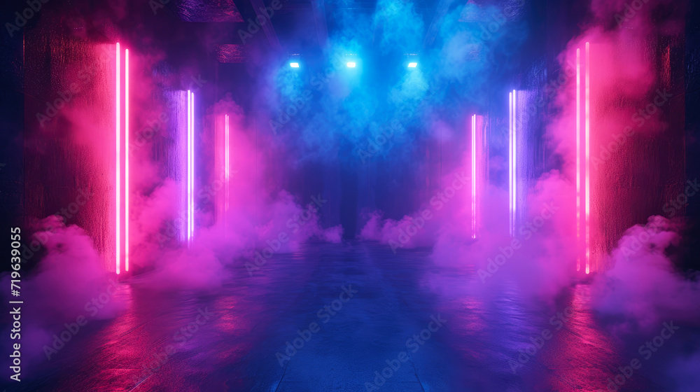 Dark neon room background, perspective of futuristic empty hall or stage. Design of hallway with smoke and led red and blue lighting, abstract studio interior. Concept of scene