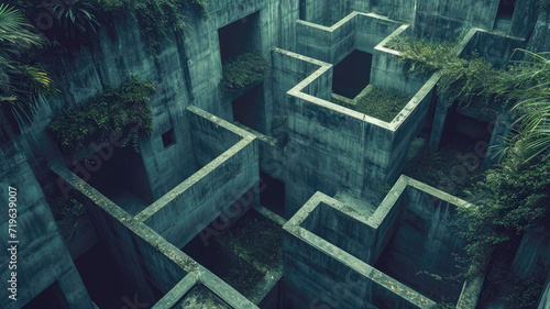 Dark old concrete 3D maze, vintage surreal labyrinth like surreal residential building. Concept of puzzle, problem, uncertainty, illustration, strategy, travel, wall and solution photo