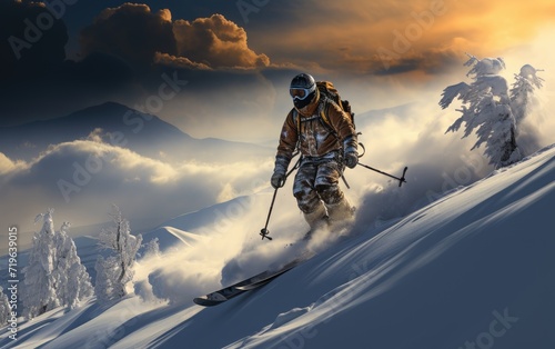 Thrill-seeker braves freezing temperatures, gliding down snowy mountain slope on skis amidst breathtaking sky and mountain views