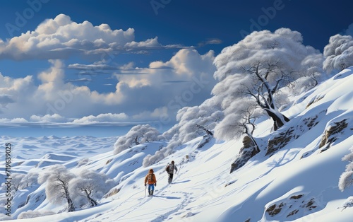 Amidst a breathtaking winter wonderland, a brave group navigates the treacherous slopes of a snowy mountain, surrounded by towering glaciers and endless blue skies