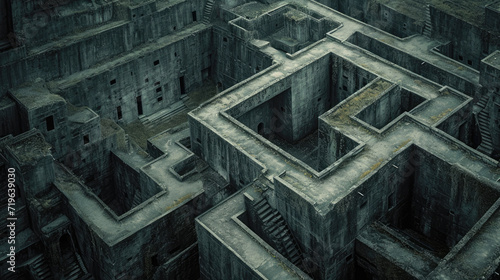 Dark old concrete walls maze, vintage endless labyrinth, grungy grey surreal building. Concept of puzzle, problem, uncertainty, background, illustration, pattern, travel