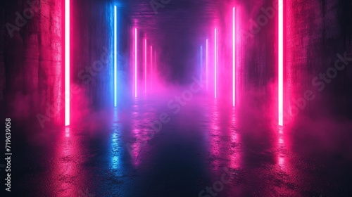 Wallpaper Mural ark neon garage background, perspective view of futuristic empty hallway. Modern design of large room with led red and blue lighting, abstract studio scene interior. Concept of hall. Torontodigital.ca