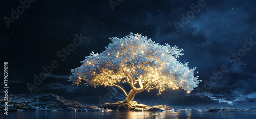 white trees of life or meditation relaxation concept with glowing golden fireflies in mystical fantasy abstract blue night sky showered by moonlight over river lake as wide banner photo