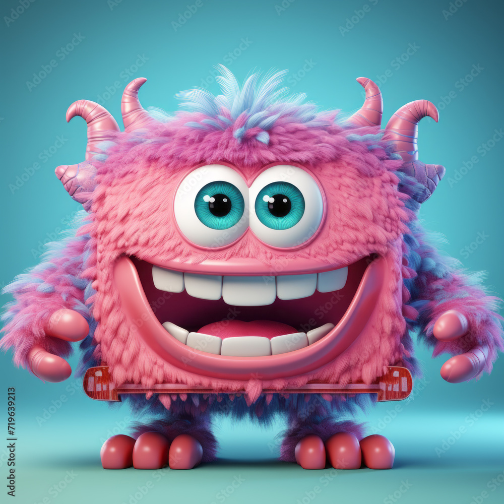 A fluffy pink monster with large blue eyes and horns, grinning on a teal background