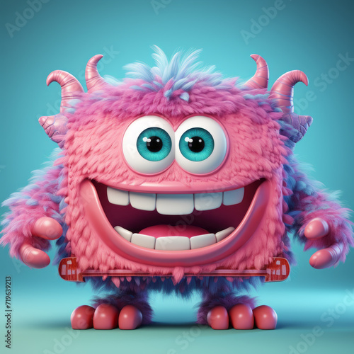 A fluffy pink monster with large blue eyes and horns, grinning on a teal background