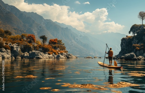 Immersed in the beauty of nature, a lone figure navigates the calm waters on a paddle board, surrounded by towering mountains and a serene sky above