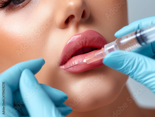 Lip injection procedure with syringe by professional in blue gloves.