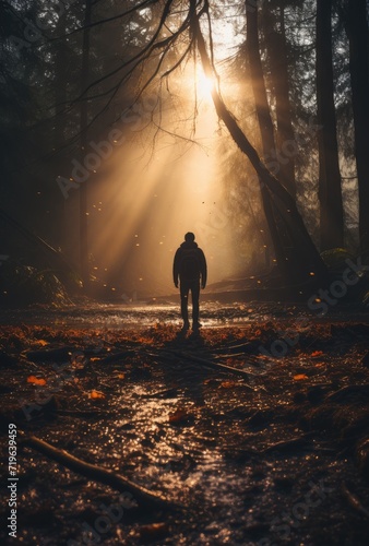 A solitary figure stands tall amidst the wintry forest, bathed in the ethereal glow of the setting sun, a silhouette against the foggy backdrop of trees and rugged terrain