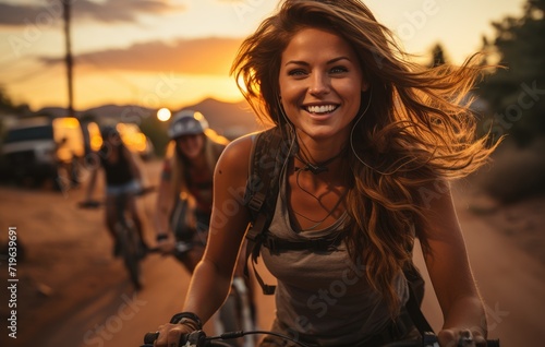 As the golden sun sets behind her, a smiling woman stands tall on her bicycle, surrounded by the vast sky and grounded on the open road, embodying freedom and adventure in her outdoor journey © LifeMedia