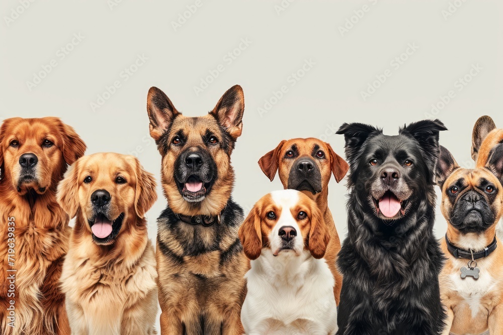A panorama featuring dogs of various breeds