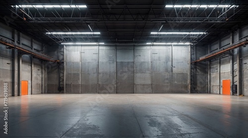 Urban Warehouse with Concrete Surfaces. Empty Space, Empty Hangar with Copy-space. photo