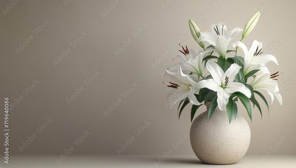 white lilies in a vase on a light gray background, in the style of minimalist backgrounds white lilies in a vase on a light gray background, in the style of minimalist backgrounds