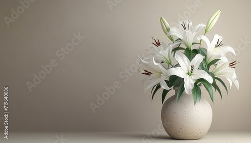 white lilies in a vase on a light gray background  in the style of minimalist backgrounds