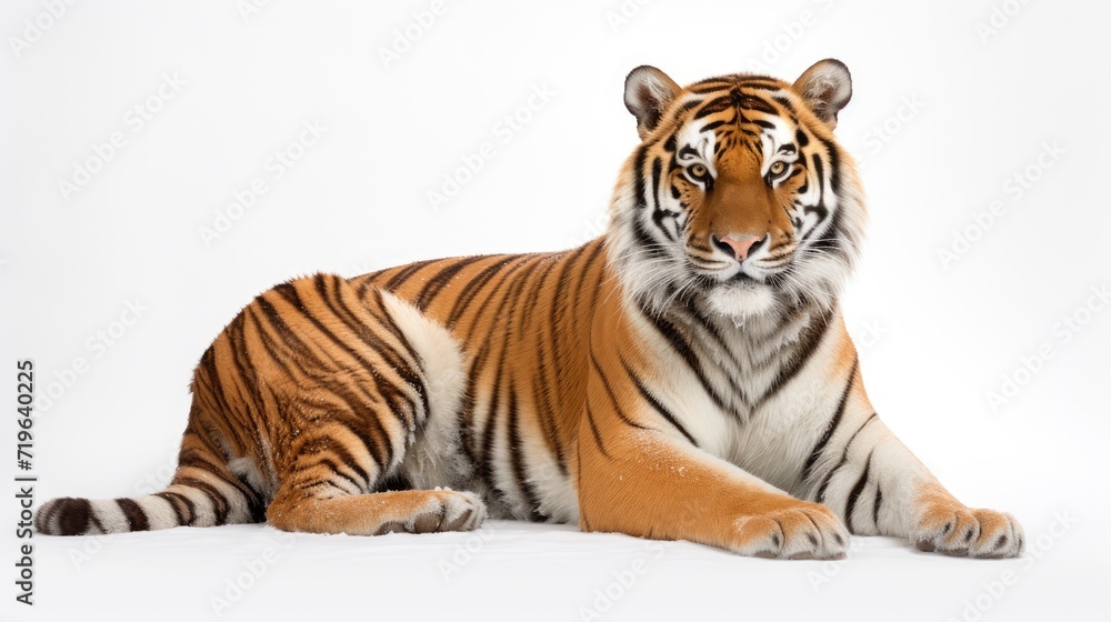 Tiger lying in the snow, isolated on a clean white background, showcasing the majestic and cold weather beauty of this big cat in a studio setting