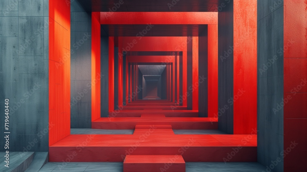 Vibrant red and grey corridor with a deep perspective view, symmetry and abstraction concept Vibrant red and grey corridor with a deep perspective view, symmetry and abstraction concept