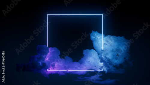 Blue and Purple Neon Light with Cloud Formation. Square shaped Fluorescent Frame in Dark Environment. photo