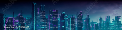 Sci-fi Cityscape with Purple and Cyan Neon lights. Night scene with Visionary Architecture. photo