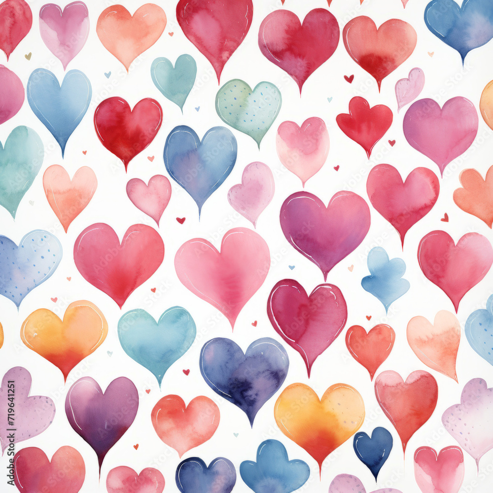 Watercolor hearts in various colors on white.