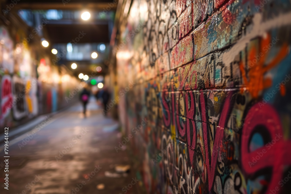 Obraz premium Vivid graffiti wall on a bustling alleyway as evening falls, with a soft bokeh effect
