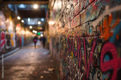 Vivid graffiti wall on a bustling alleyway as evening falls, with a soft bokeh effect