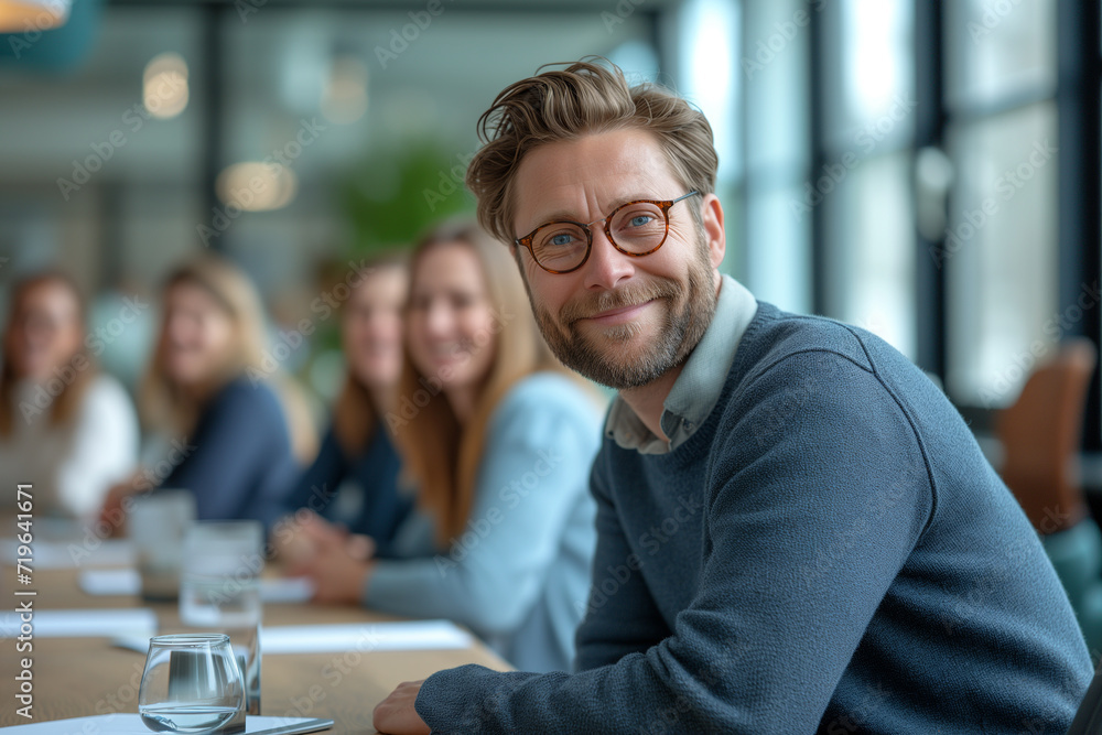 Portrait of a handsome young man in glasses standing in a creative office with his colleagues in the background Portrait of a handsome young man in glasses standing in a creative office with his colleagues in the background