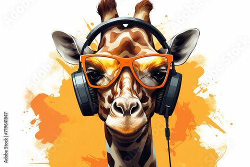 Illustration of a portrait of a cute giraffe in headphones and glasses on an orange and white background
